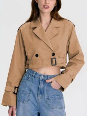 Xiaoxuemeng Women's Cropped Trench Coat Casual Double Breasted Wind coats Lapel